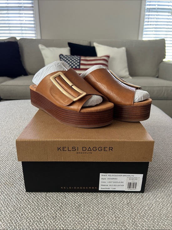 Kelsi Dagger Shoes - Kelsi Dagger Cognac Leather Platform Slide Mules with Gold Buckle